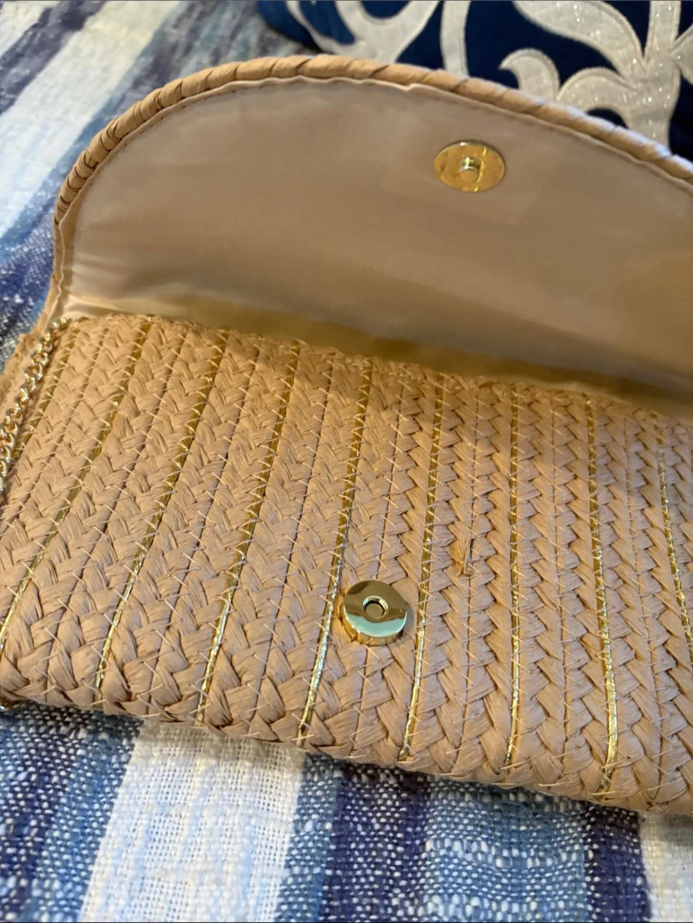 Sol And Mer Woven Straw Fold-Over Clutch in Natural Tan w chain and gold detail